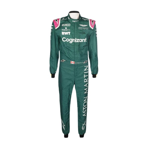 Lance Stroll Aston Martin 2021 F1 Racing Suit | BronzeRacewearswith white and pink sponsor logos, displayed on a mannequin against a plain white background.