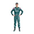 Lance Stroll Aston Martin 2021 F1 Racing Suit | BronzeRacewears with sponsor logos including Cognizant and BWT, standing with hands on hips against a plain white background.