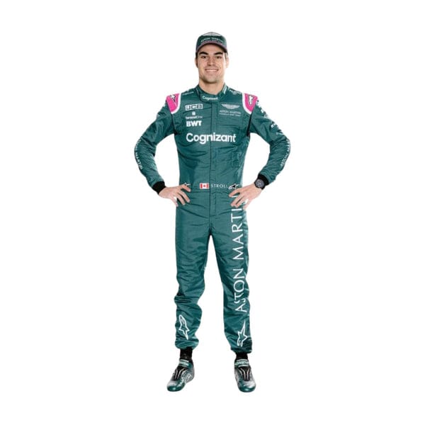 Lance Stroll Aston Martin 2021 F1 Racing Suit | BronzeRacewears with sponsor logos including Cognizant and BWT, standing with hands on hips against a plain white background.