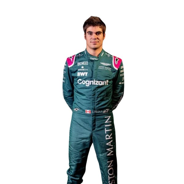 Lance_Stroll_Aston_Martin_2021_F1_Racing_Suit_BronzeRacewearswith various sponsor logos and 'ASTON MARTIN' printed vertically on the leg, standing against a plain white background.