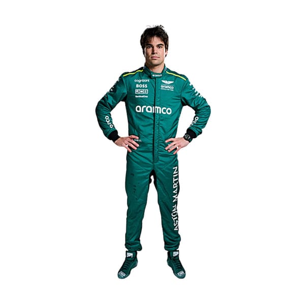 Lance Stroll Aston Martin 2024 karting suit by BronzeRacewears featuring premium motorsport styling, durable fabric and professional racing details. a green racing suit with various sponsor logos on a white background