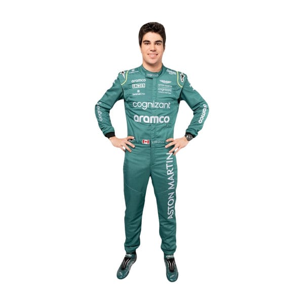Lance Stroll Aston Martin Miami GP 2023 F1 Suit | BronzeRacewearswith sponsor logos on a white background
