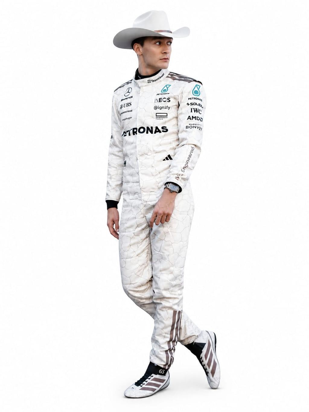 George Russell Mercedes-AMG Petronas 2025 Formula 1 Racing Suit – Premium F1 Driver Race Suit Replica | White Edition