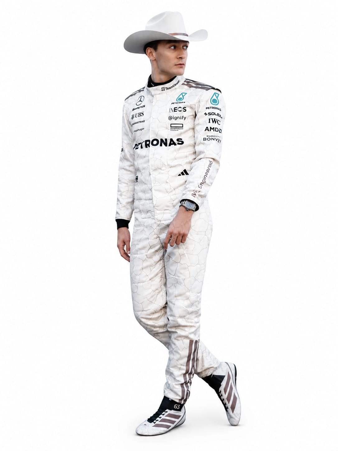 George Russell Mercedes-AMG Petronas 2025 Formula 1 Racing Suit – Premium F1 Driver Race Suit Replica | White Edition